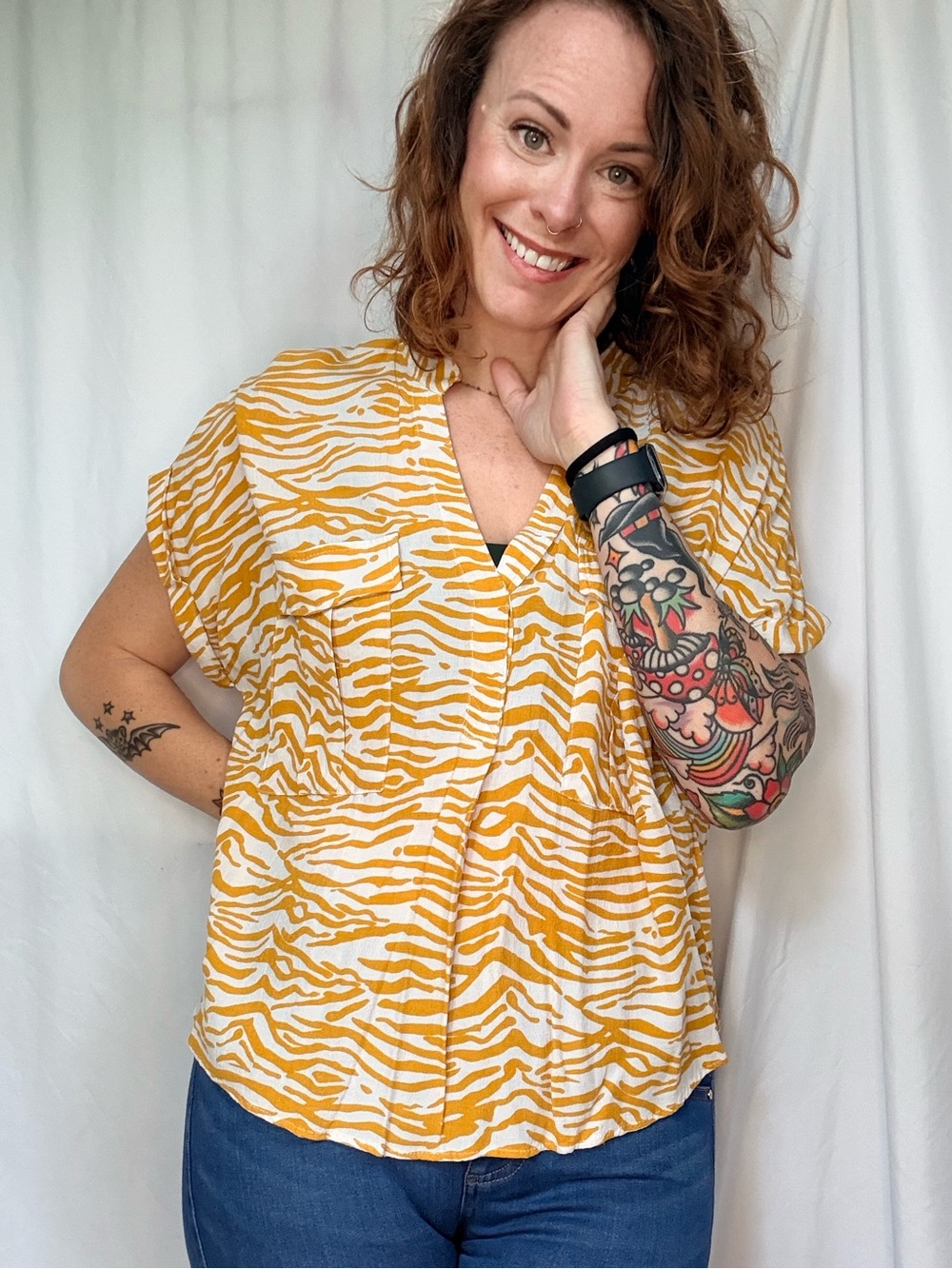 Maeve Mustard and Cream Zebra-Print Button Front Top